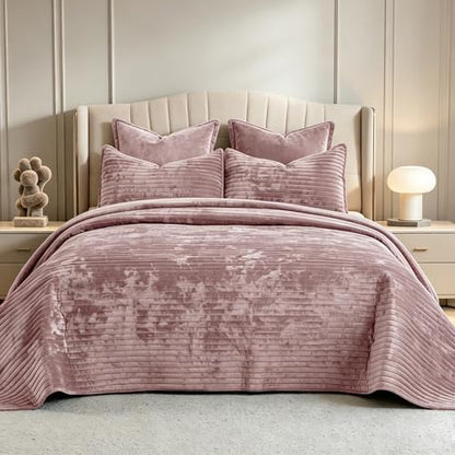 Oversized King Bedspread 120x120 Striped Soft Velvet Quilt Set