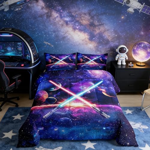 Castle Fairy Light Up Sword Comforter Set King Size Galaxy Universe Planet Bedding Set 3pcs for Kids Boys Girls Room Decor,Watercolor Star Sky Quilt Set Fantasy Duvet Insert with 2 Pillowcases,Purple