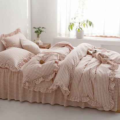 mixinni Vintage Pink Gingham Ruffle Comforter Set 3-Piece Washed Cotton Full Size Grid Bedding Set with Geometric Checkered Pattern, Farmhouse Chic Soft Fluffy Comforter for All-Season