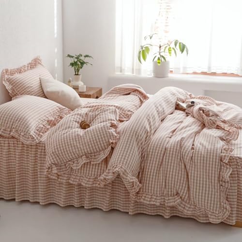mixinni Vintage Pink Gingham Ruffle Comforter Set 3-Piece Washed Cotton Twin XL Size Grid Bedding Set with Geometric Checkered Pattern, Farmhouse Chic Soft Fluffy Comforter for All-Season