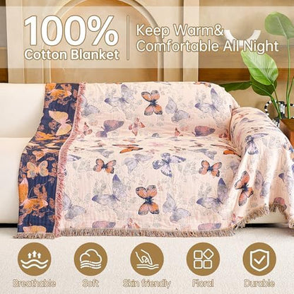 VANJOROY Boho Throw Blanket, 100% Organic Cotton Breathable Ultra Soft 60" x 80" Bed Quilt Throw - All Season Floral Rustic Farmhouse Decor Luxury Reversible Blanket for Sofa Couch Chair and Gift