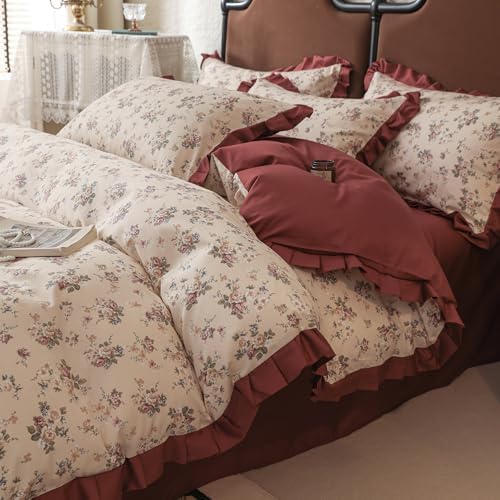 VM VOUGEMARKET Red Ruffle Duvet Cover Twin,Vintage Rose Flower Bedding Set with Zipper Ties 100% Cotton Romantic Lace Comforter Cover for Teen Girls