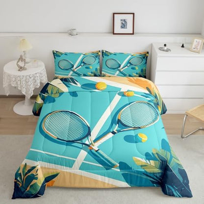 Castle Fairy Tennis Racket Bedding Set Toddler Size Summer Theme Sports Gaming Comforter Set for Kids Boys Bedroom Decor Tropical Palm Leaves Soft Duvet Insert Tennis Ball Down Comforter Set,2Pcs