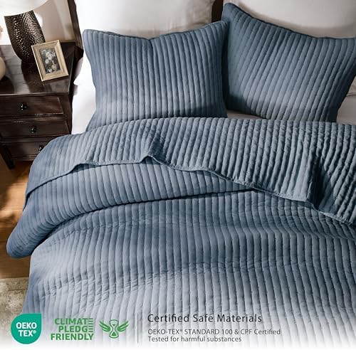 WDCOZY Blue Cross Stitch California Cal King Size Quilt Set, Oversized Striped Lightweight Soft Bedspread, Channel Farmhouse Rustic Coverlet, All Season Country Bedding, Thin Comforter