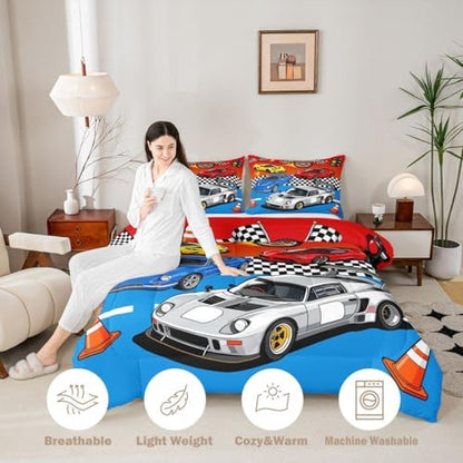 Feelyou Boys Sports Car Comforter Set Full Size Speed Race Car Bedding Set for Kids Boys Girls Racing Extreme Sports Duvet Quilt Automobile Bedroom Decor Microfiber 3 Pcs with 2 Pillow Cases