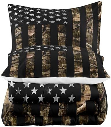 LUVIVIHOME 3PCS Camo Comforter Set Full Size, Rustic Bedding, Black American Flag Bed Set, Country Farmhouse Hunting Bedroom Decor for Men Boys, Soft Microfiber Quilt, 2 Pillow Shams
