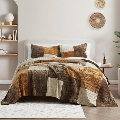 Wonderful 3-Piece Velvet Patchwork Quilt Set, Queen Striped Channel Stitch Brown Quilt,Pet-Friendly,Soft Lightweight Comforter Versatile as Quilt/Bedspread for Adults Teens Kids Bedroom,94"x94"