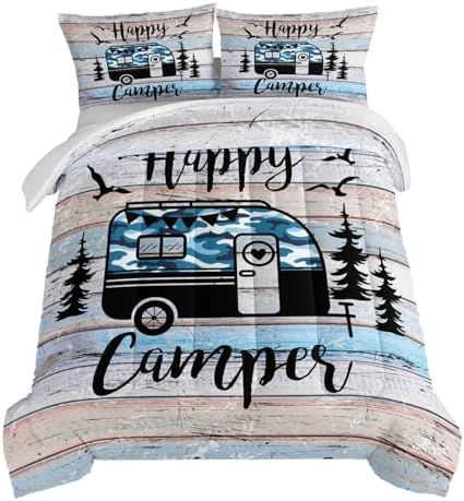 HOSIMA Teens Happy Camping Decor Full Comforter Set with 2 Pillowcases.