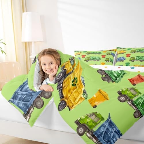Erosebridal Boys Garbage Trucks King Comforter Set, Trash Truck Bedding Set, Cartoon Car Comforter for Teens Men Kids Room Decor, Colourful Trash Cans Green Quilt with 2 Pillowcases, 3 Piece