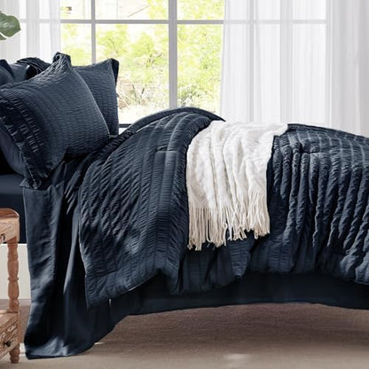 Queen Comforter Set 7 Piece, Navy Blue Bed in a Bag Queen Bedding Sets