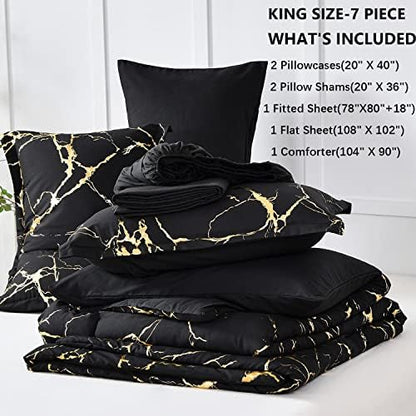 Yogeneg Gold Metallic Marble King Size Comforter Set,7 Piece Bed in a Bag,Foil Print Glitter Black Comforter and Sheet Set,All Season Soft Microfiber Complete Bedding Sets(Black,King)