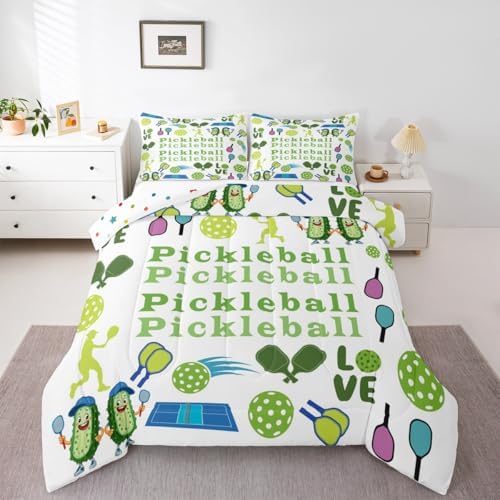 Castle Fairy Funny Pickleball Comforter Set Full Size American Modern Sports Bedding Set Kids Boys Girls Cartoon Athlete Silhouette All Season Quilt Set Geometric Balls Bedding Comforter Sets,3Pcs