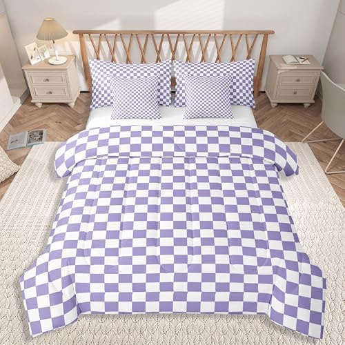 jejeloiu Purple and White Bedding Set 7Pcs King Size Kids Plaid Checkered Comforter Set with Sheets for Boys Girls Classic Grid Buffalo Check Bed in a Bag Soft Lightweight,Microfiber