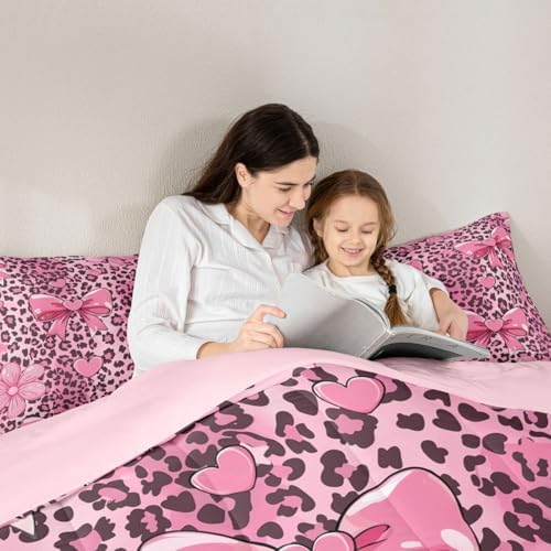 jejeloiu Pink Bow Leopard Kids Comforter Set Twin Size Bowknot Bedding Set Cheetah Duvet Quilt for Kids Boys Girls Bedroom Cute Decor Microfiber Ultra Soft Breathable