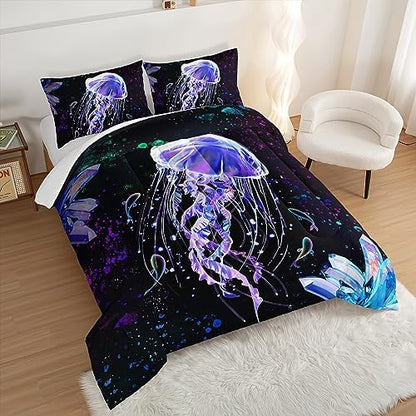 HOSIMA Ocean Theme King Size Comforter Set 3 Piece,Deep Sea Treasure Crystals Jellyfish Comforter Preppy Bedding Set,Dreamy Marine Life Colored Ink Comforter Galaxy Bedding.