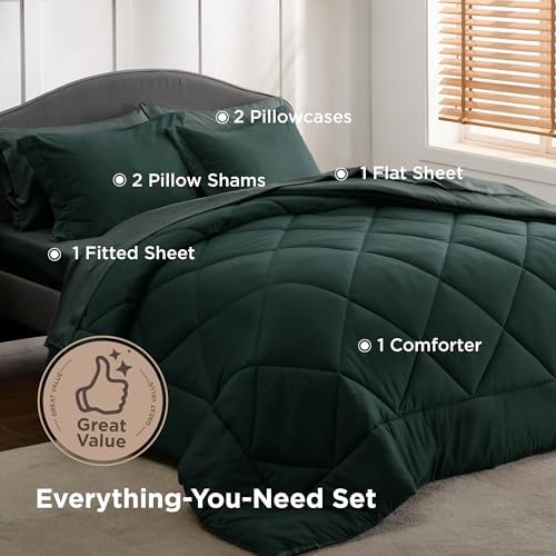 Bedsure Bed in a Bag Full Reversible Bed Set 7 Pcs Dark Green/Forest Green