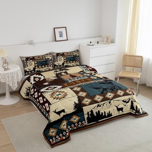 Deer and Bear Wild Animal Comforter Set Twin Size,Tribal Exotic Style Patchwork Plaid Quilt Set for Kids Boys Bedroom Collection,Retro Rustic American Geometric Soft Bedding Set with 1 Pillowcase
