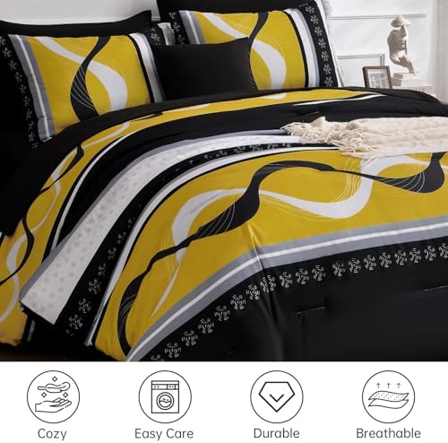 Anibedding Yellow Black Comforter Set Full Size,8 Pieces Bed in a Bag