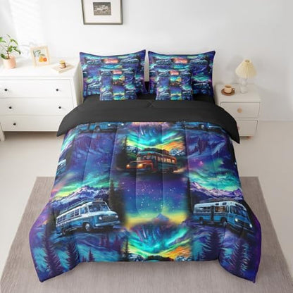 Erosebridal 7Pc RV Camping Full Bedding Set for Camper Decor,Aurora Rustic Mountain Comforter Set with Sheets for Kids Adults,Travel Trailer Bunk Quilt Bed Set with Fitted+Flat Sheet,Pillowcases