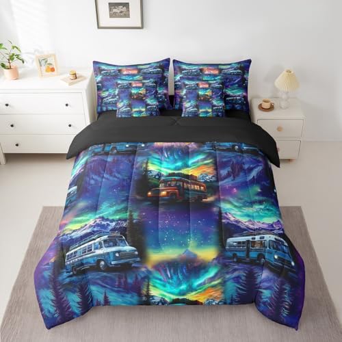 Erosebridal 7Pc RV Camping Twin Bedding Set for Camper Decor,Aurora Rustic Mountain Comforter Set with Sheets for Kids Adults,Travel Trailer Bunk Quilt Bed Set with Fitted+Flat Sheet,Pillowcases