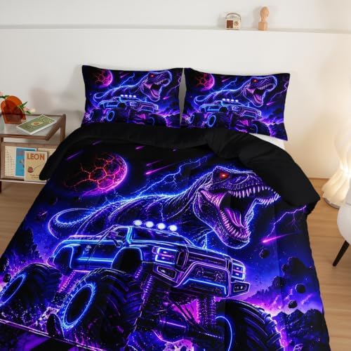 HOSIMA Neon Dinosaur Truck King Bedding Set for Boys with 2 Pillowcases.