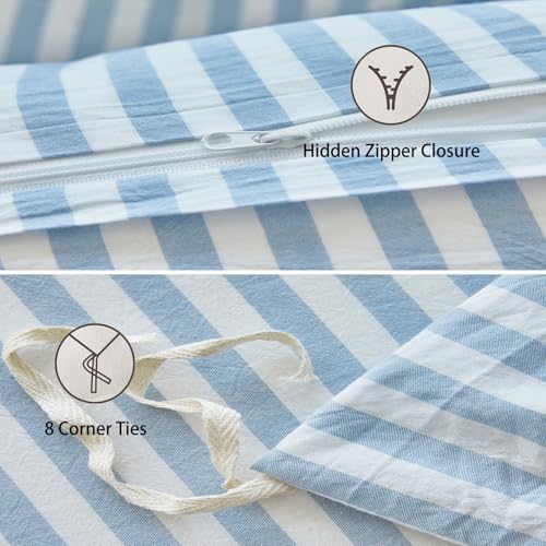 Blue Striped Duvet Cover Set King Size 100% Washed Cotton Linen Feel Bedding Set Comfy Breathable