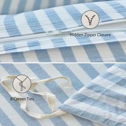 Blue Striped Duvet Cover Set King Size 100% Washed Cotton Linen Feel Bedding Set Comfy Breathable