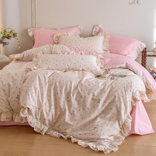 Pink Flower Duvet Cover Set Twin XL, Cute Bear Stripes Bedding Set with Ruffle Lace, 100% Cotton Cottagecore Style Girls Princess Lace Comforter Cover Botanical Floral Duvet Cover with 2 Pillowcases