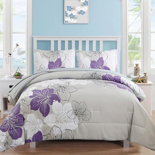 Luxudecor Floral California King Size Comforter Set, 7 Pieces Purple Floral Bed in a Bag Comforter and Sheet Set, Soft Microfiber Cal King Complete Bedding Sets for All Seasons 104"×96"