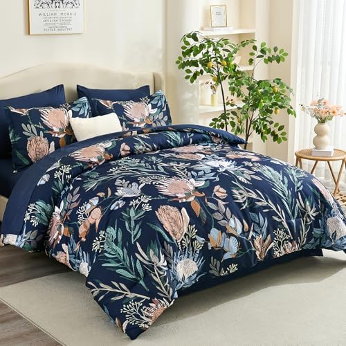 Luxudecor Queen Comforter Set 7 Pieces Bedding Sets, Navy Blue Floral Comforter and Sheet Set, Soft Microfiber Bed in a Bag for All Seasons (Navy Blue,90"x90")