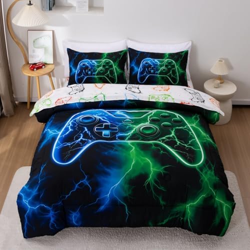 Meeting Story Gaming Bedding Set Twin, 3D Game Controller Design Twin Comforter, Gamer Themed Bedding Set for Boys, Suitable for All Seasons(Bluegreen)