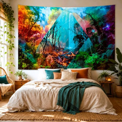 Delur Forest Tapestry Waterfall Mountain Rainforest Sunset Nature Tree Tapestry Wall Hanging Scenic Tropical Landscape Natural Sunrise Headboard for Bedroom Living Room Home Decor (51.2" x 59.1")