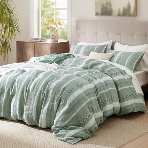 Bedsure PureWoven Boho Striped Cotton Waffle Duvet Cover Set, King, Green