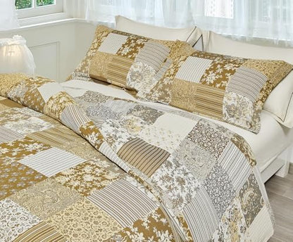 SLEEPBELLA Washed Double Layer Muslin 100% Cotton Comforter Set King Size, Boho Yellow Patchwork Fluffy Thick Checked Bedding Set, Soft Breathable (1 Comforter, 2 Pillow Shams)