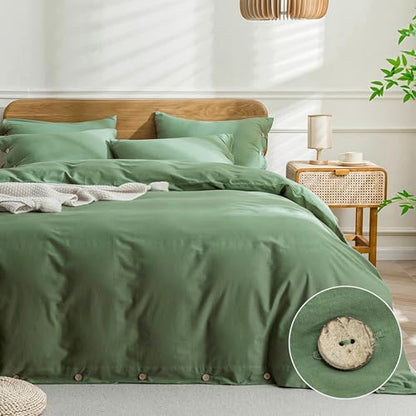 JELLYMONI Cotton Duvet Cover Cal King Size - Green Comforter Cover with Button 100% Washed Cotton 3PCS Breathable Soft Solid Bedding Set Duvet Cover 104×98in & 2 Pillowcases (NO Comforter)