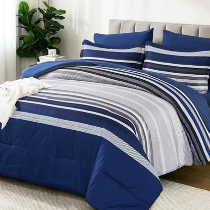Dobuyly Navy Blue Comforter Full Size Set 7 Pieces, Boho Striped Bed in a Bag Full Soft Microfiber All Season Bedding Set with Comforter, Sheets, Pillowcases & Shams