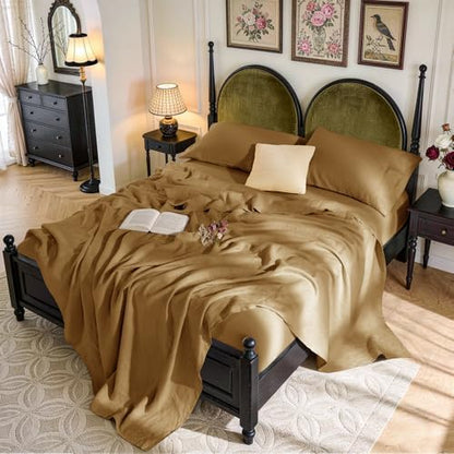SONORO KATE 100% French Linen Queen Size Sheets Set,Natural Flax Bedding