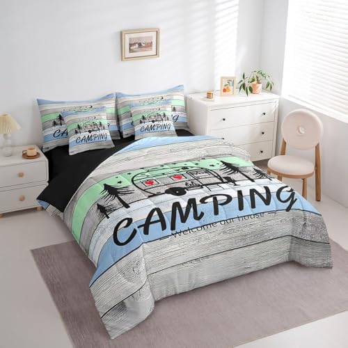 Erosebridal Kids Camping 7 Piece Comforter Set Twin Bed in a Bag Twin,Kawaii Camper Car Sheets,Stars Starry Sky Duvet Insert,Rustic Farmhouse Style Bedding,Woodland Camping Down Comforter Rv Decor