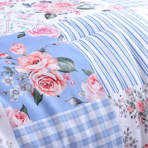 YIKUSH Blue Floral Queen Comforter Set, Soft Lightweight All Season Bedding Set for Women Girls, Cozy Cottagecore Botanical Comforter Queen Size with 2 Pillow Shams, Breathable Floral Bed Set