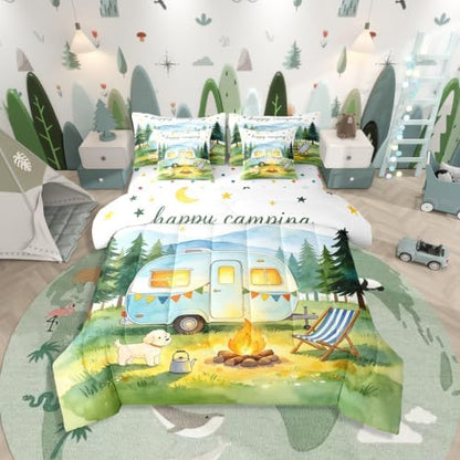 Erosebridal Happy Camping King Comforter Set with Sheets 7 piece Camper Bed in A Bag Travel Trailer RV Adventure Tent Bedding Sets for Kids Adults,Rustic Tree Mountain Bed Set