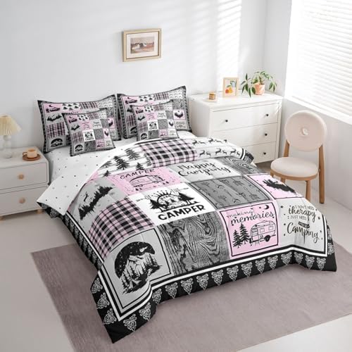 Erosebridal 7 Piece Rv Camper Full Comforter Set for Kids Girls,Happy Camping Bedding Set for Bunk Travel Trailers,Pink Buffalo Plaid Patchwork Bed Set with Sheets,Woodland Rustic Cabin Bed in a Bag