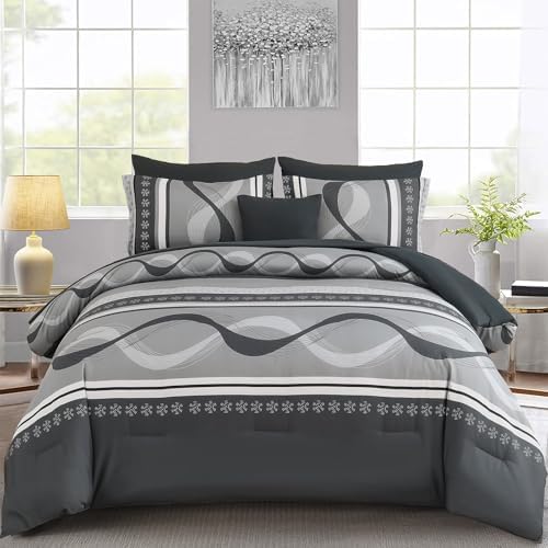 Anibedding Grey Comforter Set King Size,8 Pieces Striped Bed in a Bag