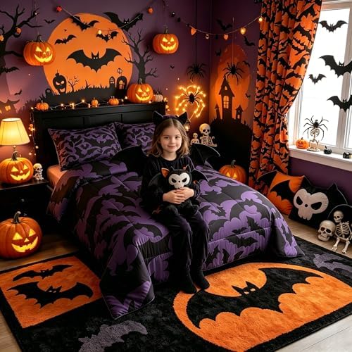 Castle Fairy Halloween Themed Comforter Set Twin Size,Black Bats Animal Print Quilt Set for Kids Boys Bedroom Collection,Dark Purple Color Polyester Bedding with 1 Pillowcase,2Pcs