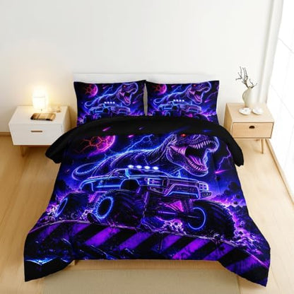 HOSIMA Neon Dinosaur Truck King Bedding Set for Boys with 2 Pillowcases.