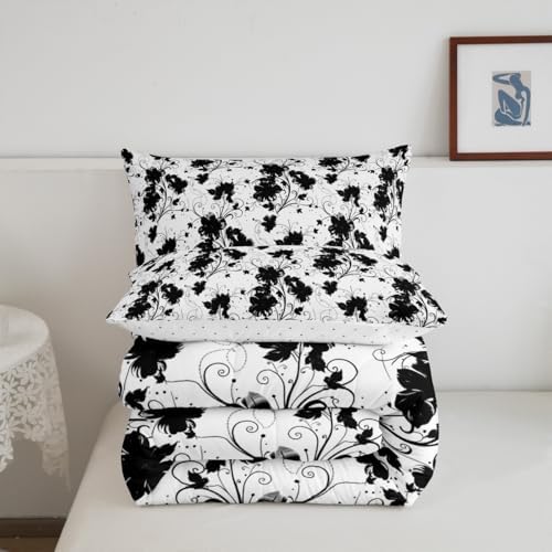 jejeloiu Black Flower Comforter Set Queen Size Kids Floral Bedding Set for Boys Girls Teens Botanical Duvet Breathable Minimalist Aesthetics Quilt Bedroom Decor,1 Comforter with 2 Pillowcase