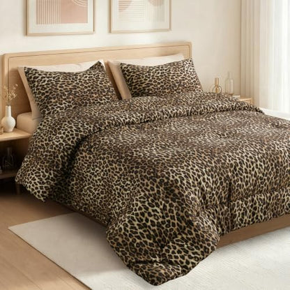 Full Comforter Set, Soft Brown Leopard Cheetah Bedding, 3 Pieces