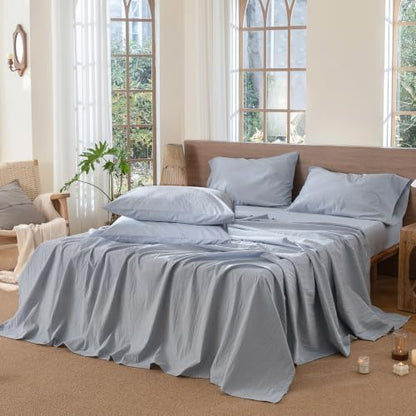 MooMee Sheet Set 100% Washed Cotton Linen-Like Extra Deep Pocket Queen