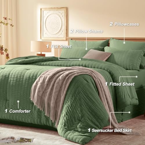 Laojin Balhen Queen Comforter Set 7 Pieces, Olive Green Seersucker Bed in a Bag Set Queen Size, All Season Luxury Bedding Sets with Comforter, Sheets, Pillowcase & Sham
