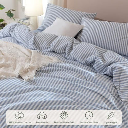 JIYUAN Twin Washed Cotton Duvet Cover Set, 2-Piece, Linen-Like Stripe