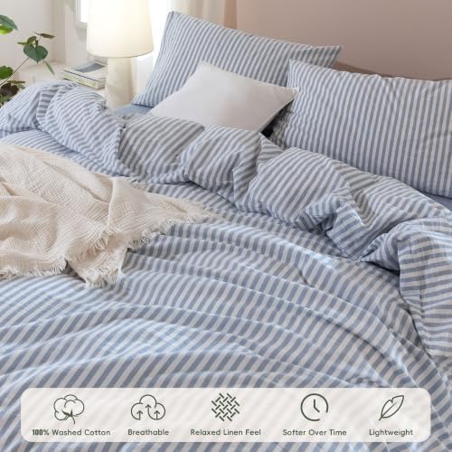 JIYUAN Oversized Queen Washed Cotton Duvet Cover Set Linen-Like Stripe